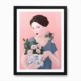 Woman With Cat And Roses Art Print