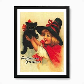 Halloween Greetings, Witch Girl With A Black Cat Art Print