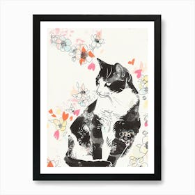 Cute Black And White Cat With Flowers Illustration 1 Art Print