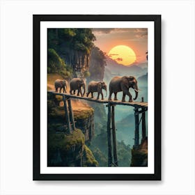 Elephants Crossing A Bridge Art Print