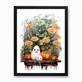 Cute Bedsheet Ghost, Botanical Halloween Watercolour 56 Art Print