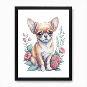 Cute Floral Chihuahua Dog Portrait Painting (1) Art Print
