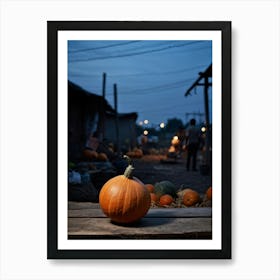 A Gourd Carefully Resting On A Weathered Wooden Table Settingfootprint In The Cement Market Under (5) Art Print