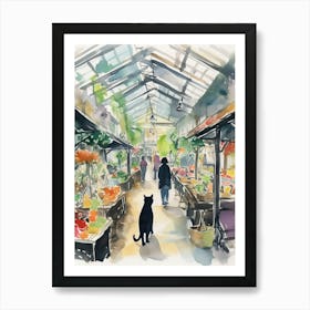 Food Market With Cats In Kyoto 2 Watercolour Art Print