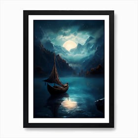 Viking Boat In The Moonlight 1 Art Print