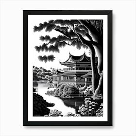 Summer Palace, China Linocut Black And White Vintage Art Print