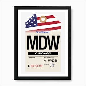 Chicago (MDW) Illinois, USA Vintage Airline Luggage Tag Art Print