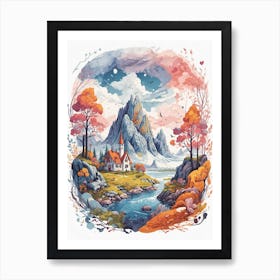 The House Behind The River And Cool Mountain Art Print