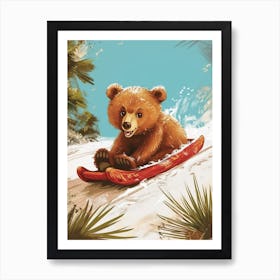 Brown Bear Cub Sledding Down A Snowy Hill Storybook Illustration 2 Art Print