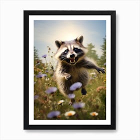 Cute Funny Crab Eating Raccoon Running On A Field 3 Art Print