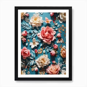 Paper Flowers On Blue Background Print Art Print