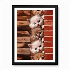 Kittens Peeking Out Of A Brick Wall Art Print