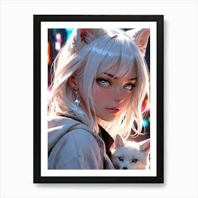 Anime Girl With Cat Art Print