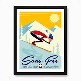 Saas Fee Ski Poster Yellow & Mint Art Print