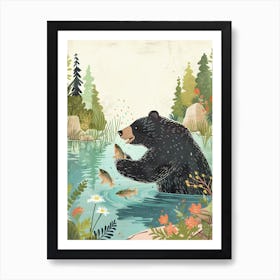 American Black Bear Catching Fish In A Tranquil Lake Storybook Illustration 1 Art Print