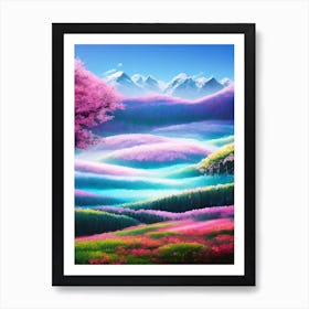 Pink Flowers And Mountains Art Print