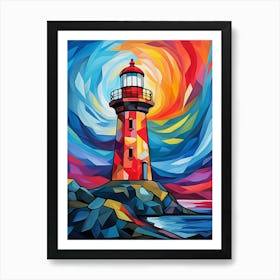 Lighthouse Tower at Sunset V, Vibrant Colorful Painting in Cubism Picasso Style Art Print