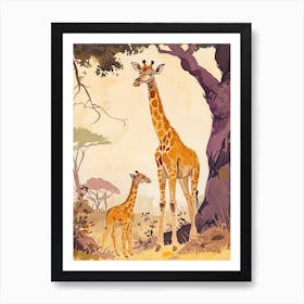 Sweet Giraffe & Calf Illustration 1 Art Print