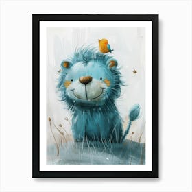 Small Joyful Lion With A Bird On Its Head 3 Art Print