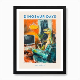 Watching Tv Orange Blue Dinosaur Poster Art Print