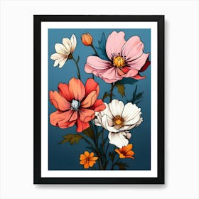 Flowers On A Blue Background 3 Art Print