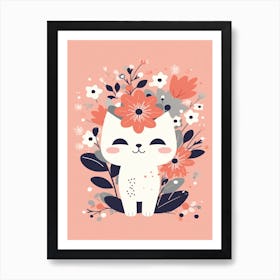 Flower Bouquet With A Cat Kawaii Illustration 2 Art Print