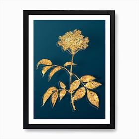 Vintage Elderflower Tree Botanical in Gold on Teal Blue n.0150 Art Print