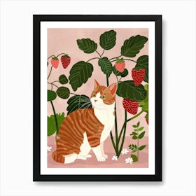 Cat And Strawberries 2 Art Print