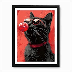 Black Cat With Red Bubble Gum Art Print