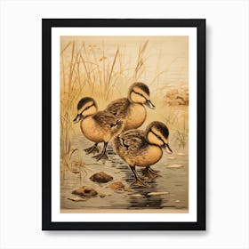 Ducklings In The Water Japanese Woodblock Style 6 Art Print