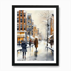 Amsterdam cafes, winter season, Christmas, autumn oil colors, pale colors, pedestrians in the street, winter clothes, falling snow.5 Art Print