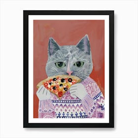 Cute Grey Cat Eating A Pizza Slice Folk Illustration 3 Art Print