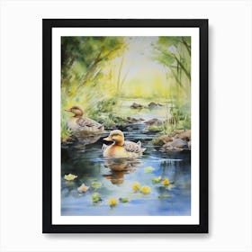 Ducklings Swimming In The River Mixed Media 2 Art Print