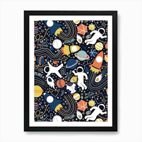 Explore Outer Space - Black, Blue, Yellow and Orange Universe Kids Art Print