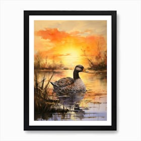 Duck Swimming In The Lake At Sunset Watercolour 3 Art Print