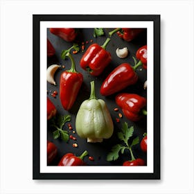 Red Peppers On Black Background Art Print