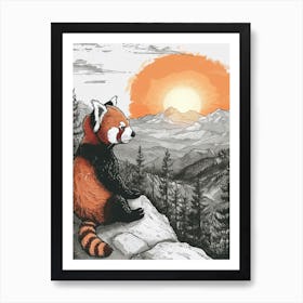 Red Panda Looking At A Sunset From A Mountaintop Ink Illustration 2 Art Print