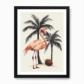 American Flamingo And Coconut Trees Minimalist Illustration 1 Art Print