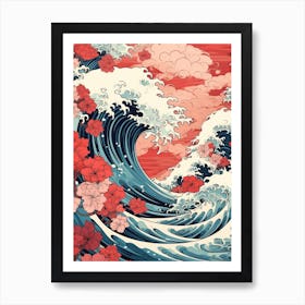 Great Wave With Lotus Flower Drawing In The Style Of Ukiyo E 3 Art Print