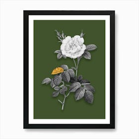 Vintage White Rose Black and White Gold Leaf Floral Art on Olive Green n.0040 Art Print