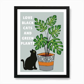 Black Cat and green Plant Art Print