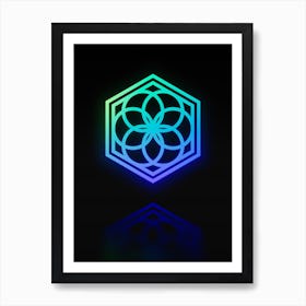 Neon Blue and Green Abstract Geometric Glyph on Black n.0011 Art Print