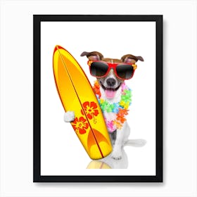 Funny Dog Playing Surfing Wearing Glasses Art Print