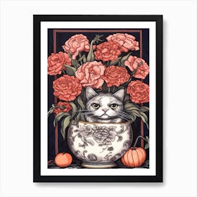 Drawing Of A Still Life Of Carnation With A Cat 1 Art Print