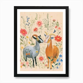 Folksy Floral Animal Drawing Goat 4 Art Print