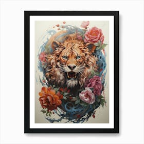 Lion With Flowers Art Print