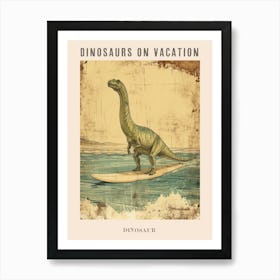 Vintage Dinosaur On A Surf Board 2 Poster Art Print