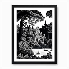 Isola Bella, 1, Italy Linocut Black And White Vintage Art Print