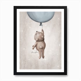 Flying Teddy Bear With Blue Balloon Art Print