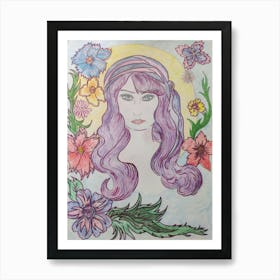 Floral girl with purple hair Art Print